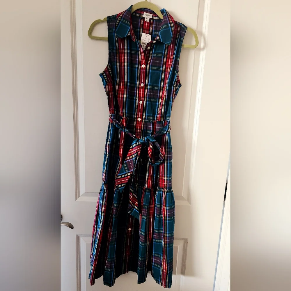 New J. Crew Sleeveless Plaid Tartan Multicolor‎ Midi ShirtDress